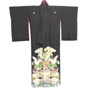 Tomesode Vintage(1920-1950) Black Crane Birds Hand painted Silk #10495B1