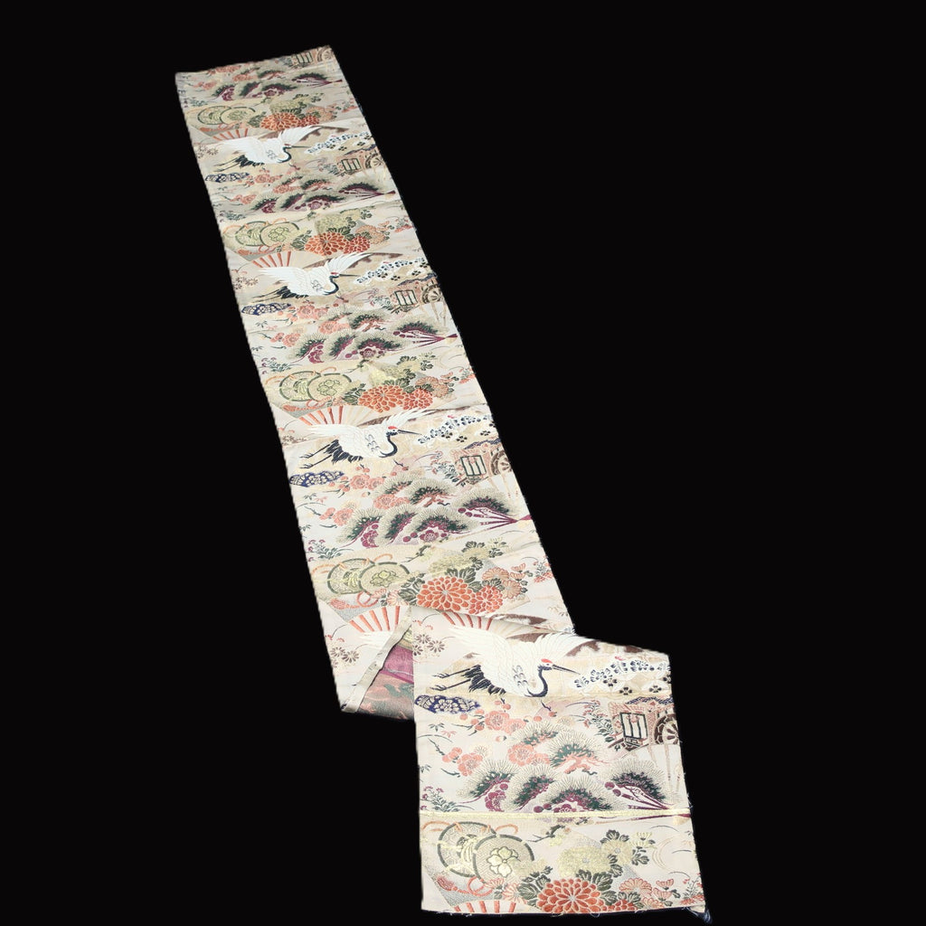 BB10048AD Silk Obi Fabric Crane Birds White Red 76.8x10.6in(195x27cm)