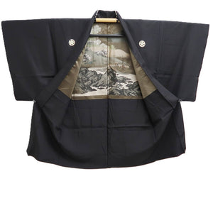 Men's Haori Vintage(1950-1980) Black Montsuki Landscape Silk #10413A2