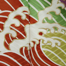 Load image into Gallery viewer, Furisode Vintage(1950-1980) White Red Blue Curling Wave Silk #10564B4
