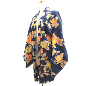 Haori Jacket Vintage(1950-1980) Dark Blue Camellia Silk #10144D3