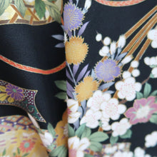 Load image into Gallery viewer, Tomesode Black Chrysanthemum Folding Fan Cherry Blossom Silk #10393F5
