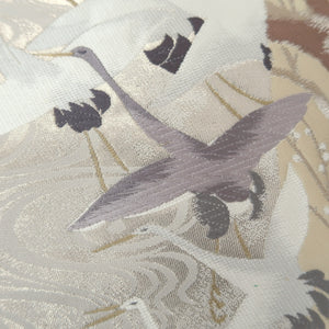 Fukuro Obi White Silver Crane Birds Plum blossom Silk BB264V5