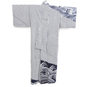 Yukata Vintage(1950-1980) White Navy Curling Wave Cotton #10487B1