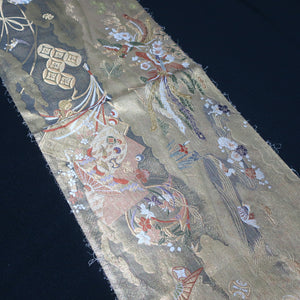 BB10007AB Silk Obi Fabric Crane Birds Gold 57.9x11.0in(147x28cm)