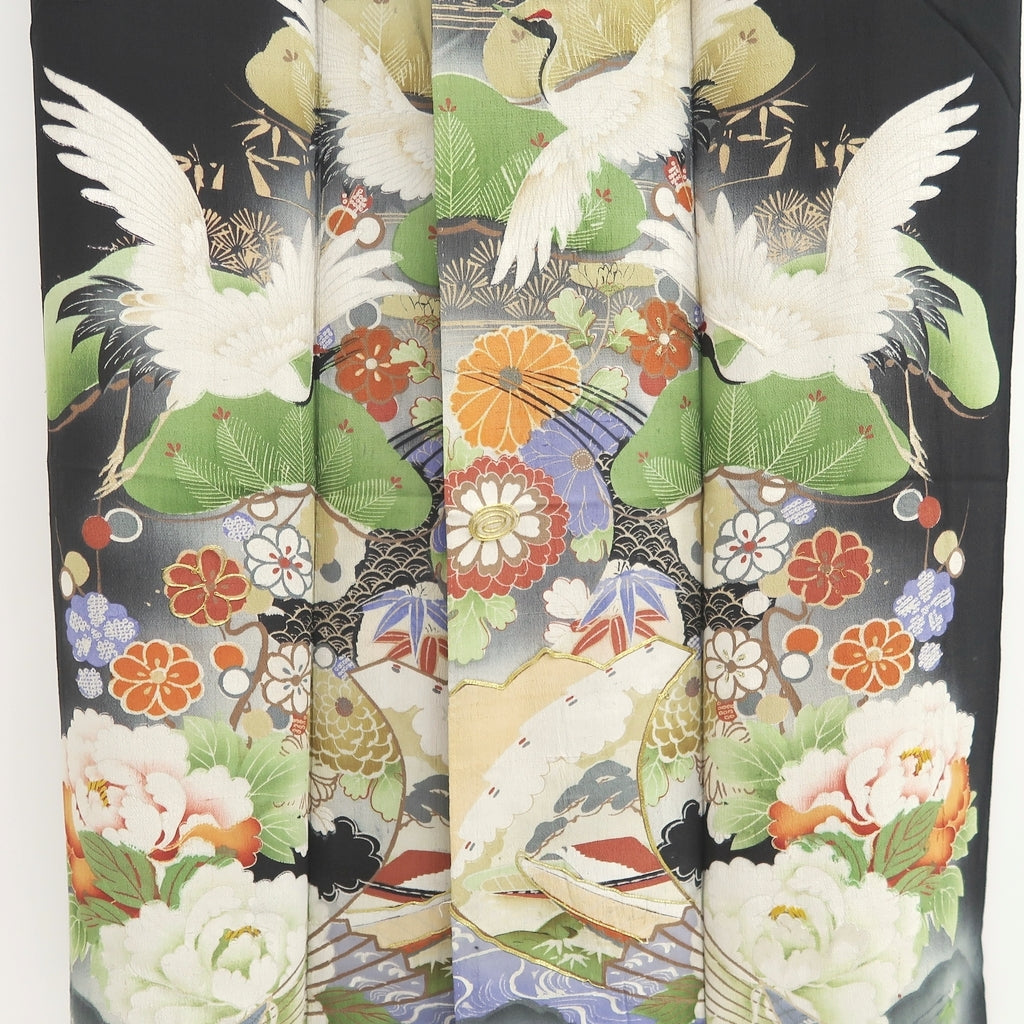 Tomesode Vintage(1920-1950) Black Crane Birds Hand painted Silk #10495B1