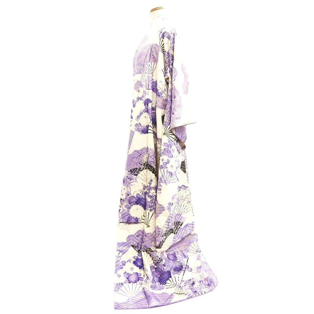 Furisode White Purple Lavender Chrysanthemum Folding Fan Silk #10545B3