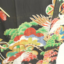 Load image into Gallery viewer, Furisode Vintage(1920-1950) Black Crane Birds Silk #11107Z1
