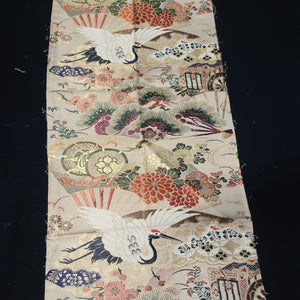 BB10048AD Silk Obi Fabric Crane Birds White Red 76.8x10.6in(195x27cm)