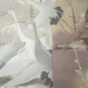 Fukuro Obi White Silver Crane Birds Plum blossom Silk BB264V5