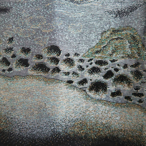 Haori Jacket Vintage(1950-1980) Black Silver Gold Landscape Wave Silk #10127D3
