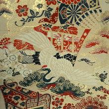 Load image into Gallery viewer, Maru Obi Vintage(1920-1950) Beige Gold Crane Birds Kiku Silk BB285V6
