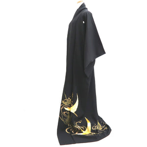 Tomesode Black Gold Embroidery Crane Birds Tall Silk #10394F5