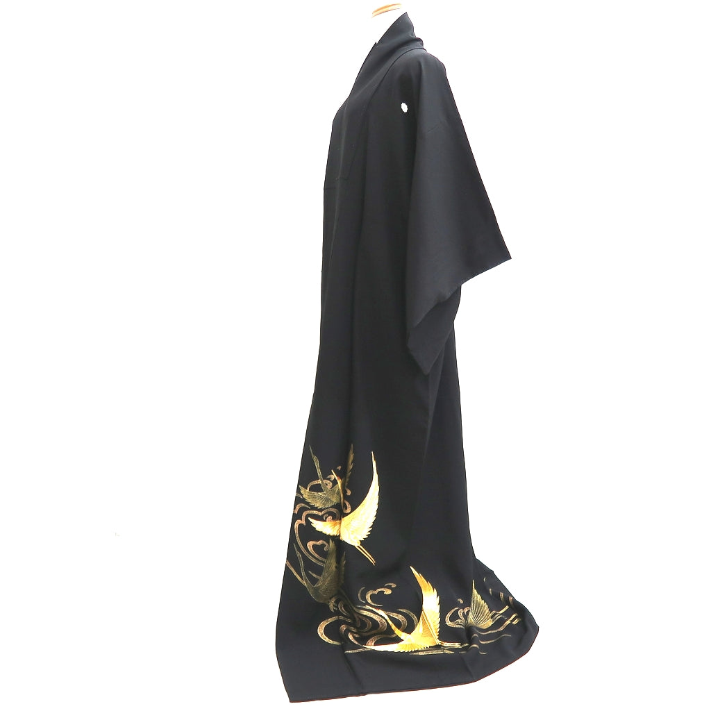 Tomesode Black Gold Embroidery Crane Birds Tall Silk #10394F5