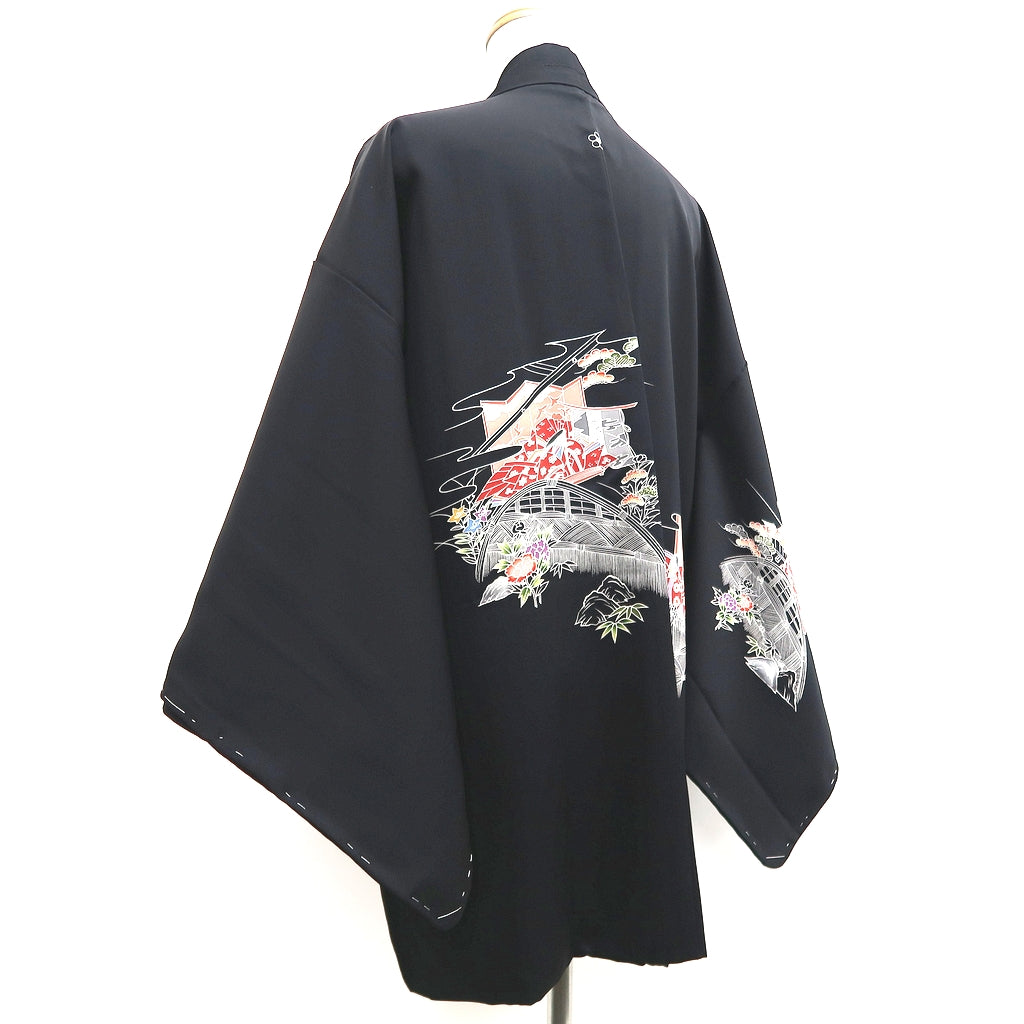 Haori Jacket Vintage(1950-1980) Black Heian Princess Peony Silk #10174D4