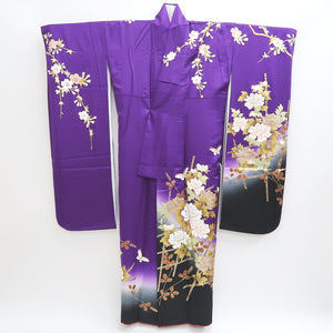 Furisode Purple Gold Black Peony Butterfly Sakura Silk #9699J4