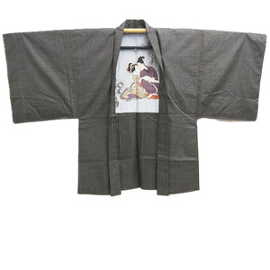 Men's Haori Vintage(1950-1980) Blackish Brown Shunga Silk #10285E4