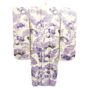 Furisode White Purple Lavender Chrysanthemum Folding Fan Silk #10545B3
