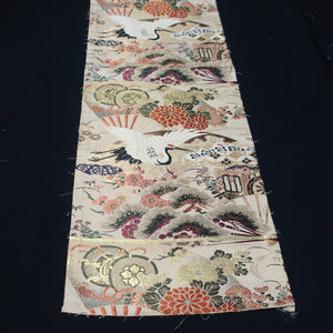 BB10048AD Silk Obi Fabric Crane Birds White Red 76.8x10.6in(195x27cm)