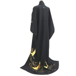 Tomesode Black Gold Embroidery Crane Birds Tall Silk #10394F5