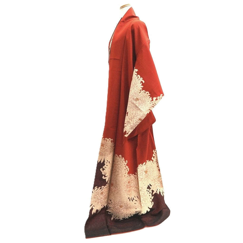 Kimono Vintage(1950-1980) Vermillion Chrysanthemum Silk #10268E4