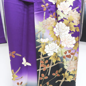 Furisode Purple Gold Black Peony Butterfly Sakura Silk #9699J4