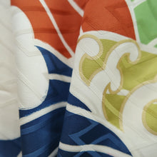 Load image into Gallery viewer, Furisode Vintage(1950-1980) White Red Blue Curling Wave Silk #10564B4
