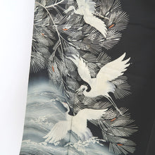Load image into Gallery viewer, Tomesode Vintage(1920-1950) Black Hand painted Crane Birds Silk #10404A1
