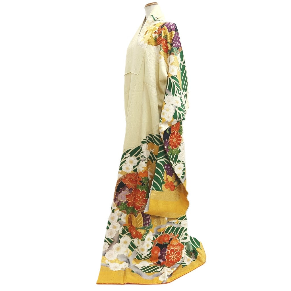 Furisode Vintage(1950-1980) Pale Yellow Butterfly Plum blossom Peony Silk #10565B4