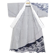 Load image into Gallery viewer, Yukata Vintage(1950-1980) White Navy Curling Wave Cotton #10487B1

