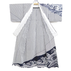 Yukata Vintage(1950-1980) White Navy Curling Wave Cotton #10487B1