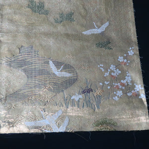 BB10007AB Silk Obi Fabric Crane Birds Gold 57.9x11.0in(147x28cm)