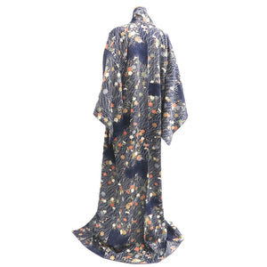 Kimono Dark Blue Chrysanthemum Maple Leaf Silk #10525B2