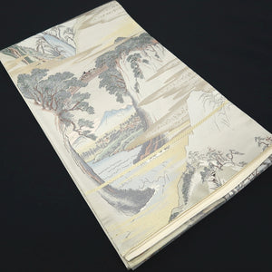 Fukuro Obi Gold White Off white Landscape Silk BB337V9