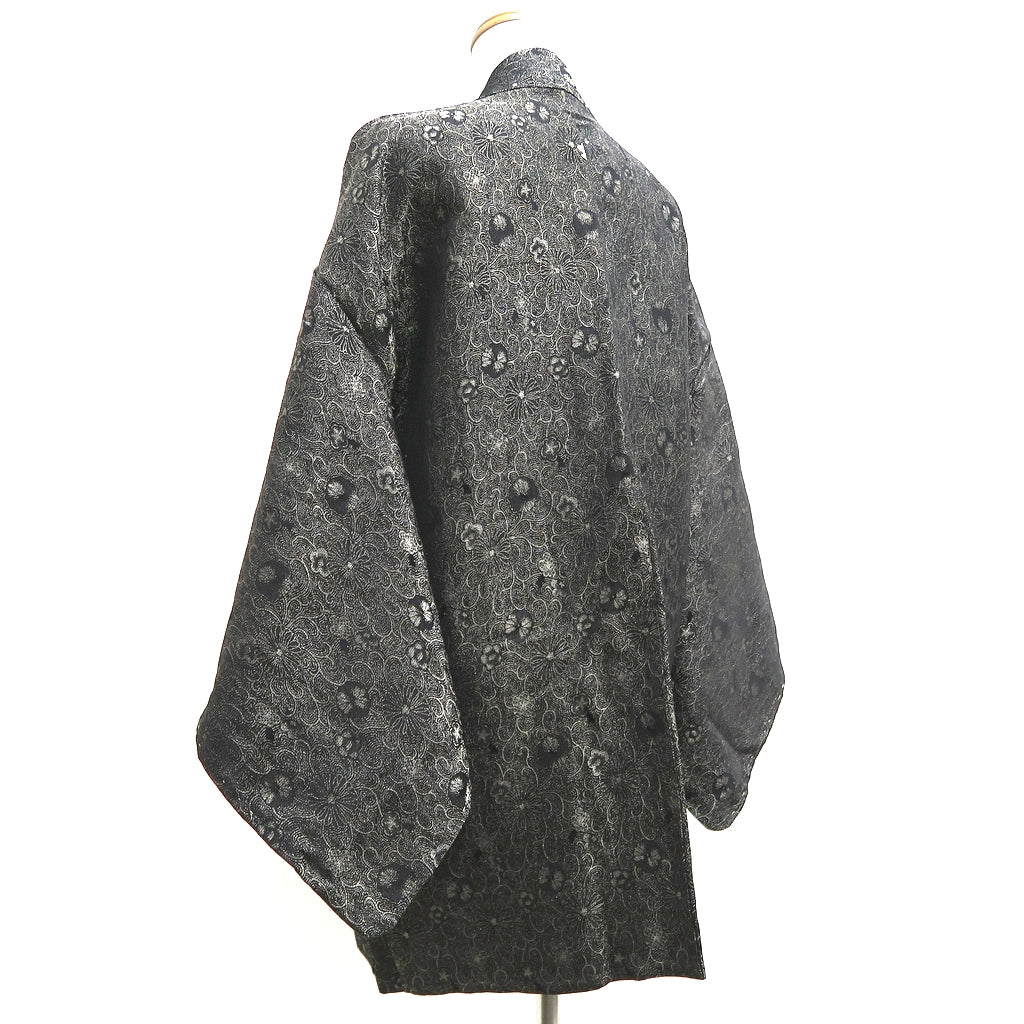 Haori Jacket Vintage(1950-1980) Black Silver Gold Chrysanthemum Plum blossom Silk #10099D2