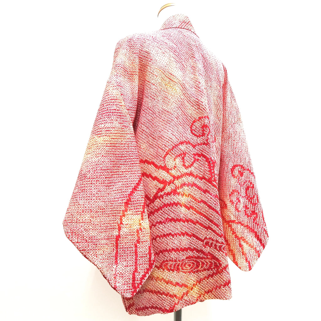Haori Jacket Vintage(1950-1980) Red Shibori Curling Wave Silk #9854B2