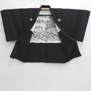 Men's Haori Vintage(1950-1980) Black Habutae Mountain Landscape Silk #9983C2