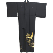 Load image into Gallery viewer, Tomesode Black Gold Embroidery Crane Birds Tall Silk #10394F5
