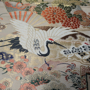 BB10048AD Silk Obi Fabric Crane Birds White Red 76.8x10.6in(195x27cm)