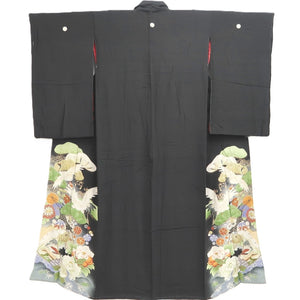 Tomesode Vintage(1920-1950) Black Crane Birds Hand painted Silk #10495B1