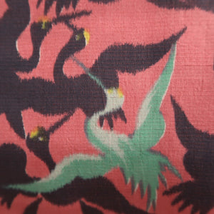 Kimono Vintage(1920-1950) Red Crane Birds Meisen Silk #9672J3