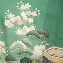 Load image into Gallery viewer, Furisode Green Cherry Blossom Chrysanthemum Silk #11094B1
