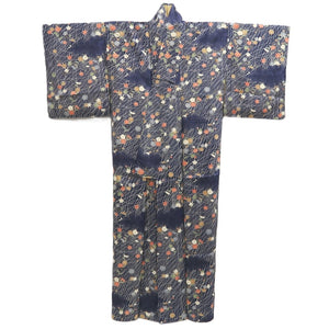 Kimono Dark Blue Chrysanthemum Maple Leaf Silk #10525B2