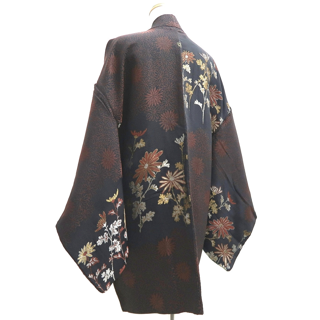Haori Jacket Vintage(1950-1980) Black Gold Silver Chrysanthemum Silk #10054C5