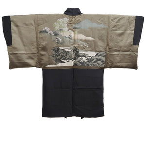 Men's Haori Vintage(1950-1980) Black Montsuki Landscape Silk #10413A2