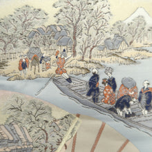 Load image into Gallery viewer, Fukuro Obi Beige Gold Hiroshige Tokaido53 Ukiyoe Silk BB344W1
