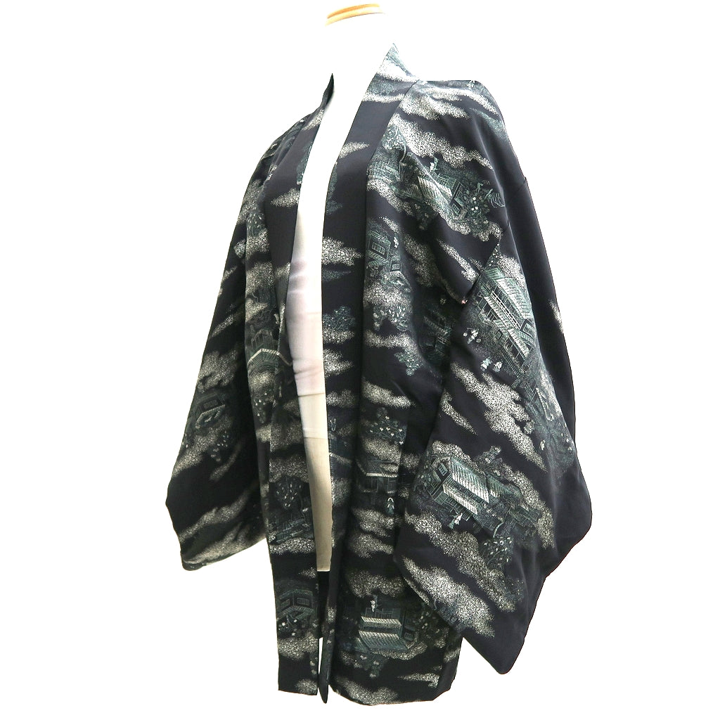 Haori Jacket Vintage(1950-1980) Black Silver Landscape Silk #9757A3