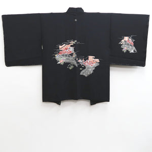 Haori Jacket Vintage(1950-1980) Black Heian Princess Peony Silk #10174D4