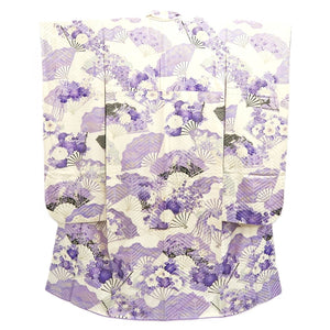 Furisode White Purple Lavender Chrysanthemum Folding Fan Silk #10545B3