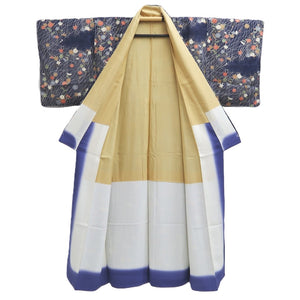Kimono Dark Blue Chrysanthemum Maple Leaf Silk #10525B2